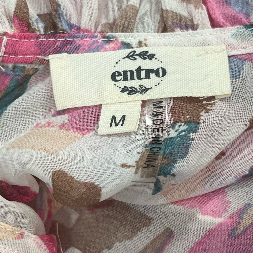 Entro Pink Abstract Print Smocked Tiered Ruffle Long Sleeve Mini Dress Medium - Picture 2 of 11